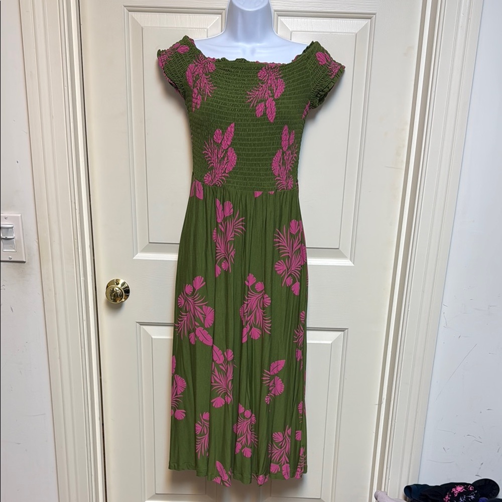Boden Green and Pink Floral Off-Shoulder Dress